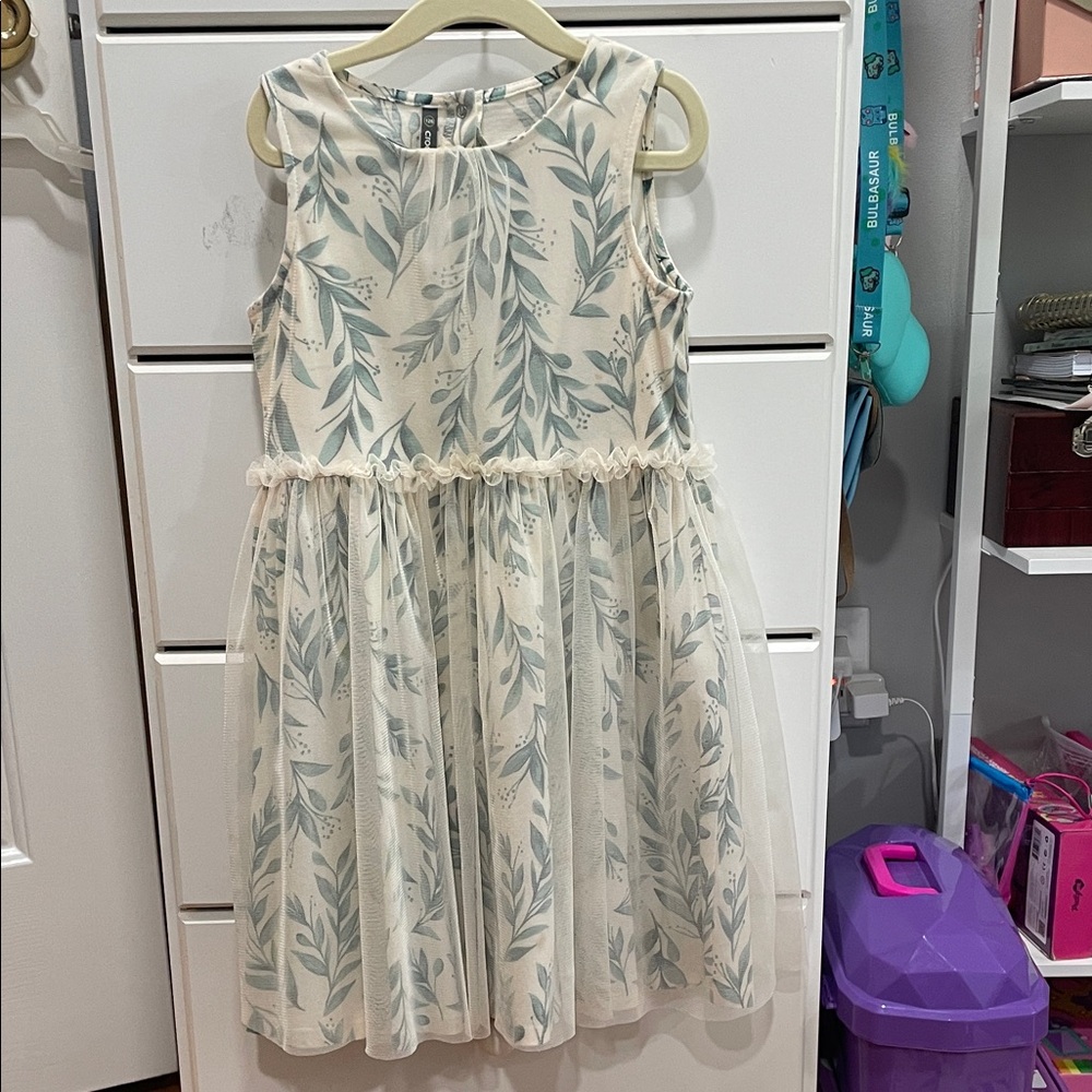 Cream and Blue Leaf Pattern Dress, 6-7 year old
